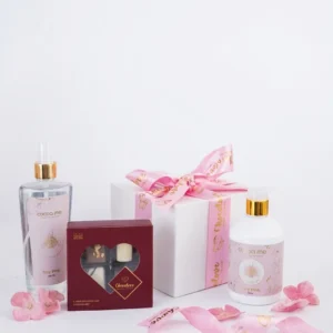 Pampering Gift Set with Rich Tiny Pink Body Cream, Fabric Fragrance Spray and 4 Milk Chocolates
