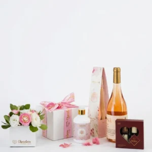 Pampering Gift Set with Tiny Pink Diffuser and Body Cream, 375 ml White Wine, 4 Milk Chocolates and Fresh Flowers