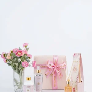Luxury Tiny Pink Gift Set with Diffuser, Fabric Fragrance Spray, Body Cream, Hand Cream and an Acrylic Vase with Silk Flowers