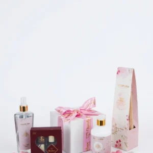 Pampering Tiny Pink Gift Set with Diffuser, Rich Body Cream, Hand Cream, Fabric Fragrance Spray and 4 Pralines