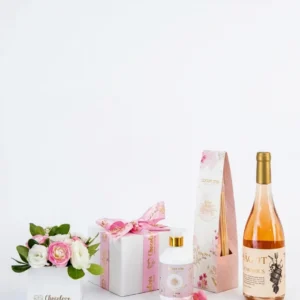 Pampering Gift Set with Tiny Pink Diffuser, Rich Body Cream, Fine Wine and Fresh Flowers