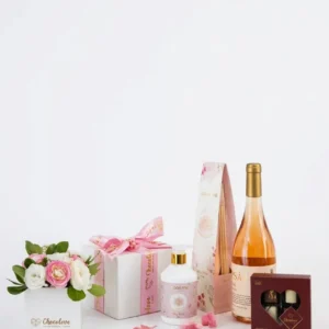 Pampering Gift Set with Diffuser, Rich Body Cream, Fine Wine, 4 Milk Chocolates and Fresh Flowers